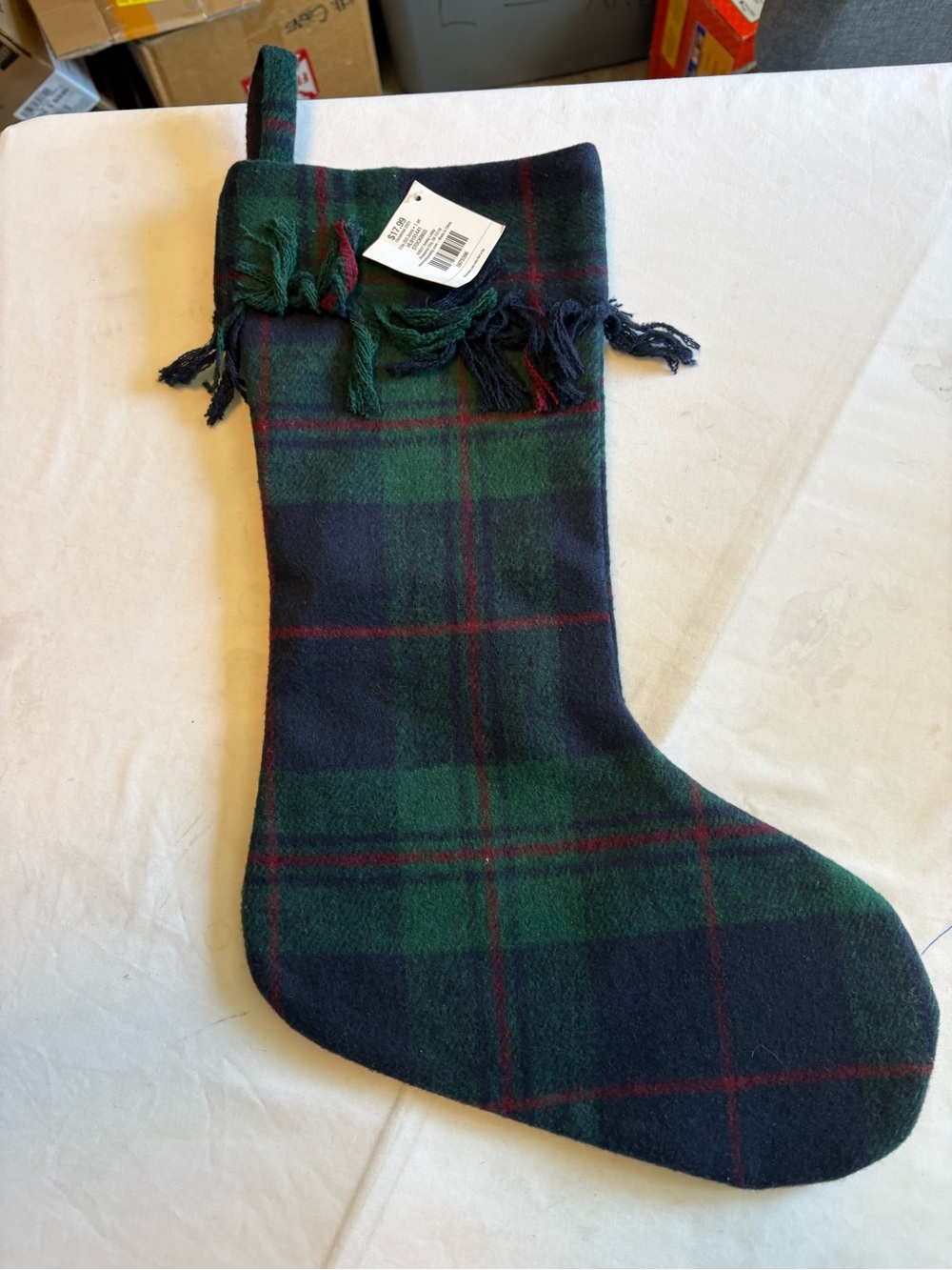 Hobby Lobby Green and Navy Plaid Fringe Holiday Stocking